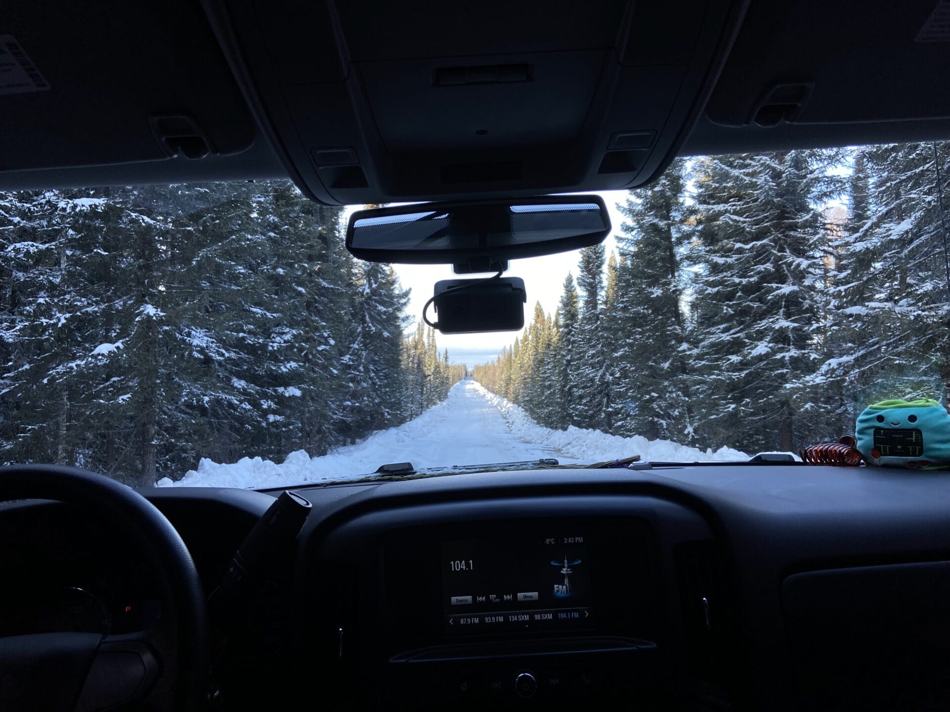 Driving through snowy forest road in winter.